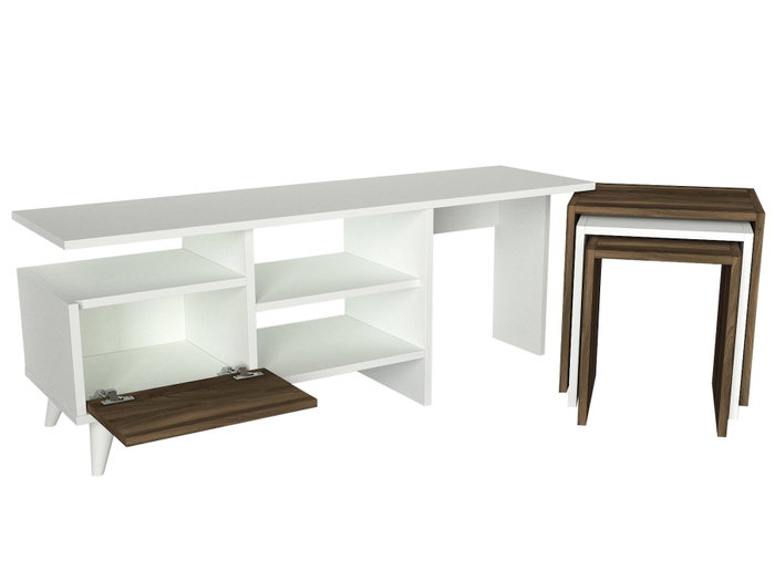Hanah Home Mueble de TV Escandinavo Blanco y Nogal con Mesas de Centro